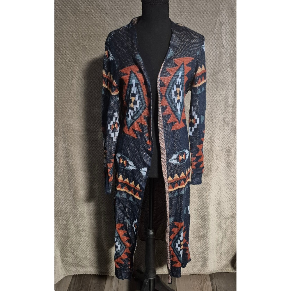 Rock & Roll Denim Women Southwestern Aztec Longline Duster Cardigan Navy Medium